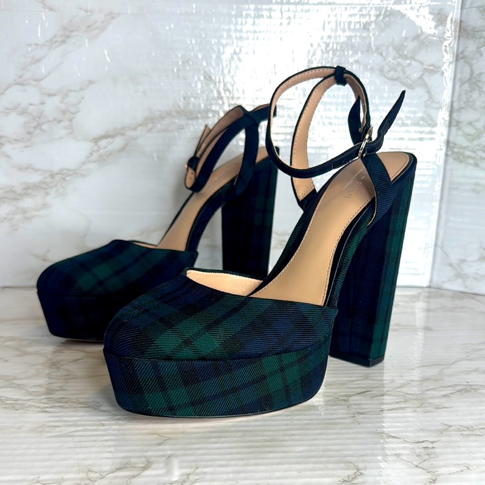 ANTONIO MELANI Navy and Green Plaid Platform Block Heel Sandals
